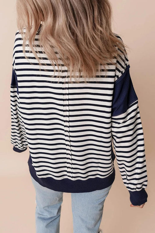 Tops/Sweatshirts & Hoodies White Stripe Color Block Exposed Seam Loose Fit Sweatshirt
