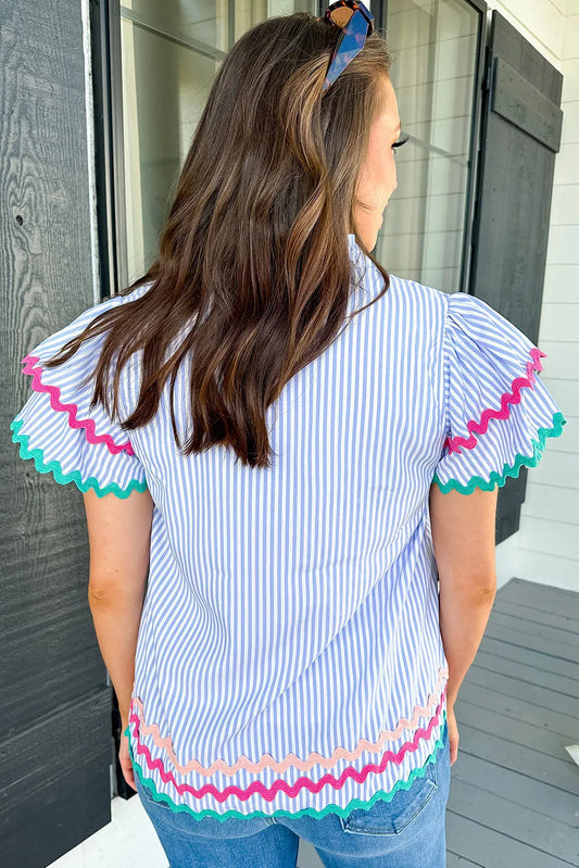 Sky Blue Stripe Ricrac Trim Split Neck Striped Ruffled Sleeve Blouse - Chic Meadow Boutique