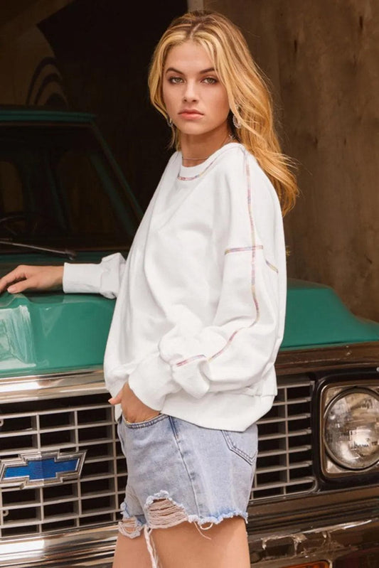Tops/Sweatshirts & Hoodies White Contrast Rainbow Trim Drop Shoulder Pullover Sweatshirt