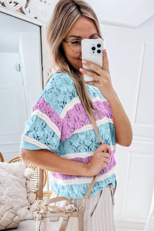 Purple Stripe Color Block Hollow Out Crochet Half Sleeve Sweater - Chic Meadow Boutique