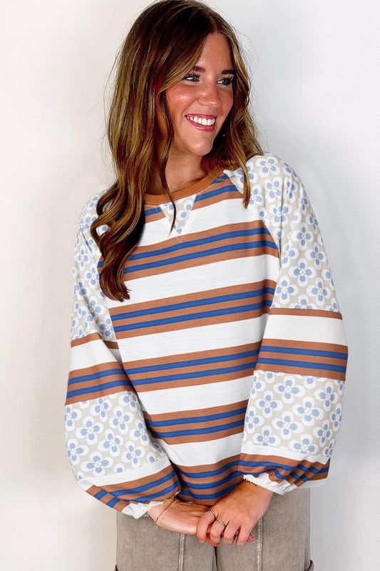 Tops/Blouses & Shirts White Striped Floral Printed Patchwork Lantern Sleeve Blouse