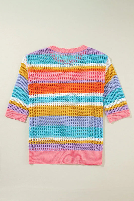Pink Stripe Colorblock Hollowed Crochet 3/4 Sleeve Sweater - Chic Meadow Boutique