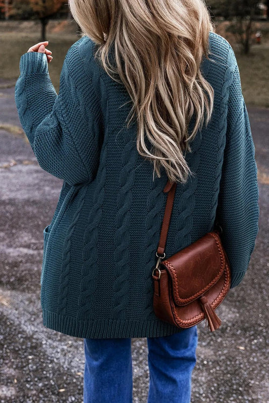 Sweaters & Cardigans/Cardigans Peacock Blue Cable Knit Button Front Pocketed Baggy Cardigan