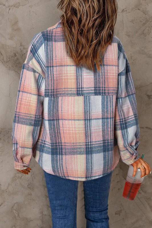 Outerwear/Plaid Shackets Pink Black/Pink Plaid Flap Pockets Shacket