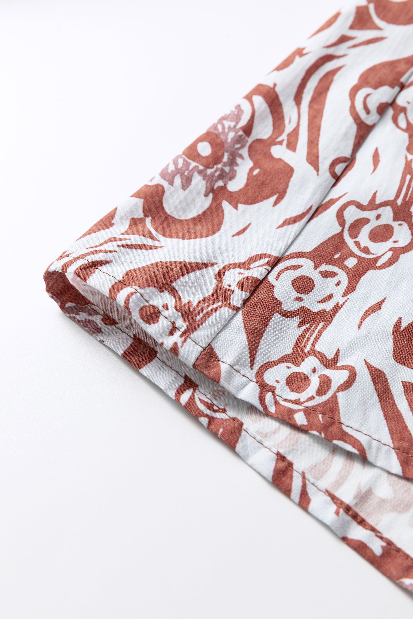 Floral Print Frilled Striped Trim Button Down Smocked Cuffs Long Sleeve Shirt