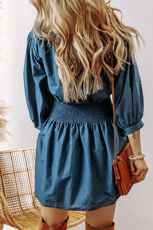 Prussian Blue 3/4 Sleeve Shirred High Waist Buttoned Mini Dress - Chic Meadow Boutique