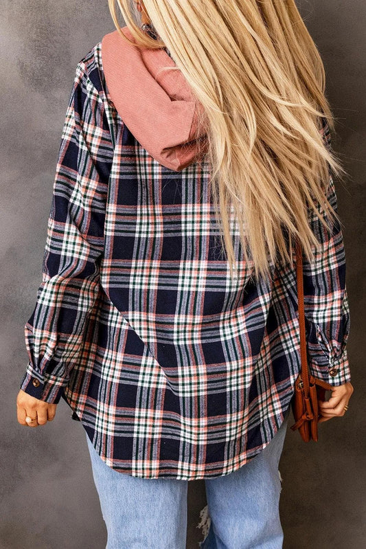 Outerwear/Jackets Pink Contrast Hooded Drawstring Plaid Shacket
