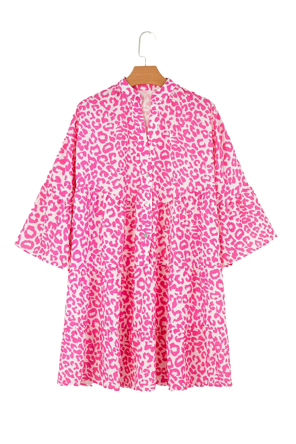 Bright Pink Leopard Printed Long Sleeve Buttoned Front Mini Dress - Chic Meadow Boutique