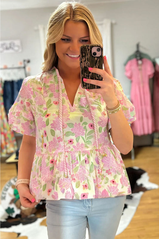 Pink Floral Print Drawstring V Neck Peplum Blouse