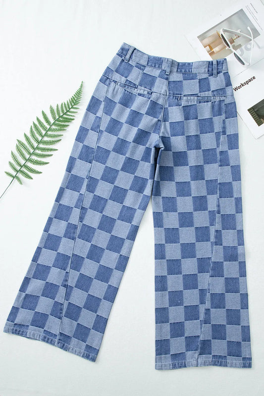 Dusk Blue Checkered Denim Wide Leg Jeans - Chic Meadow Boutique