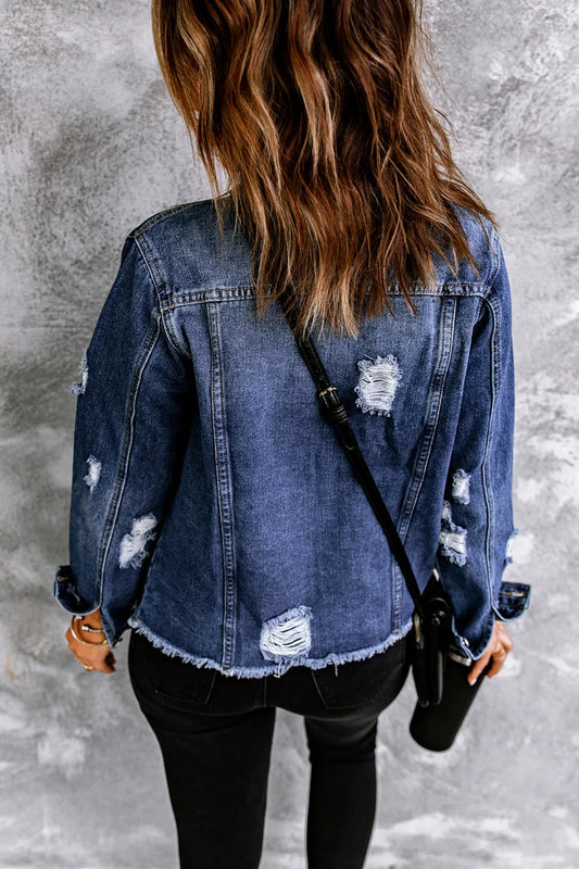 Blue Lapel Distressed Raw Hem Buttons Denim Jacket - Chic Meadow Boutique