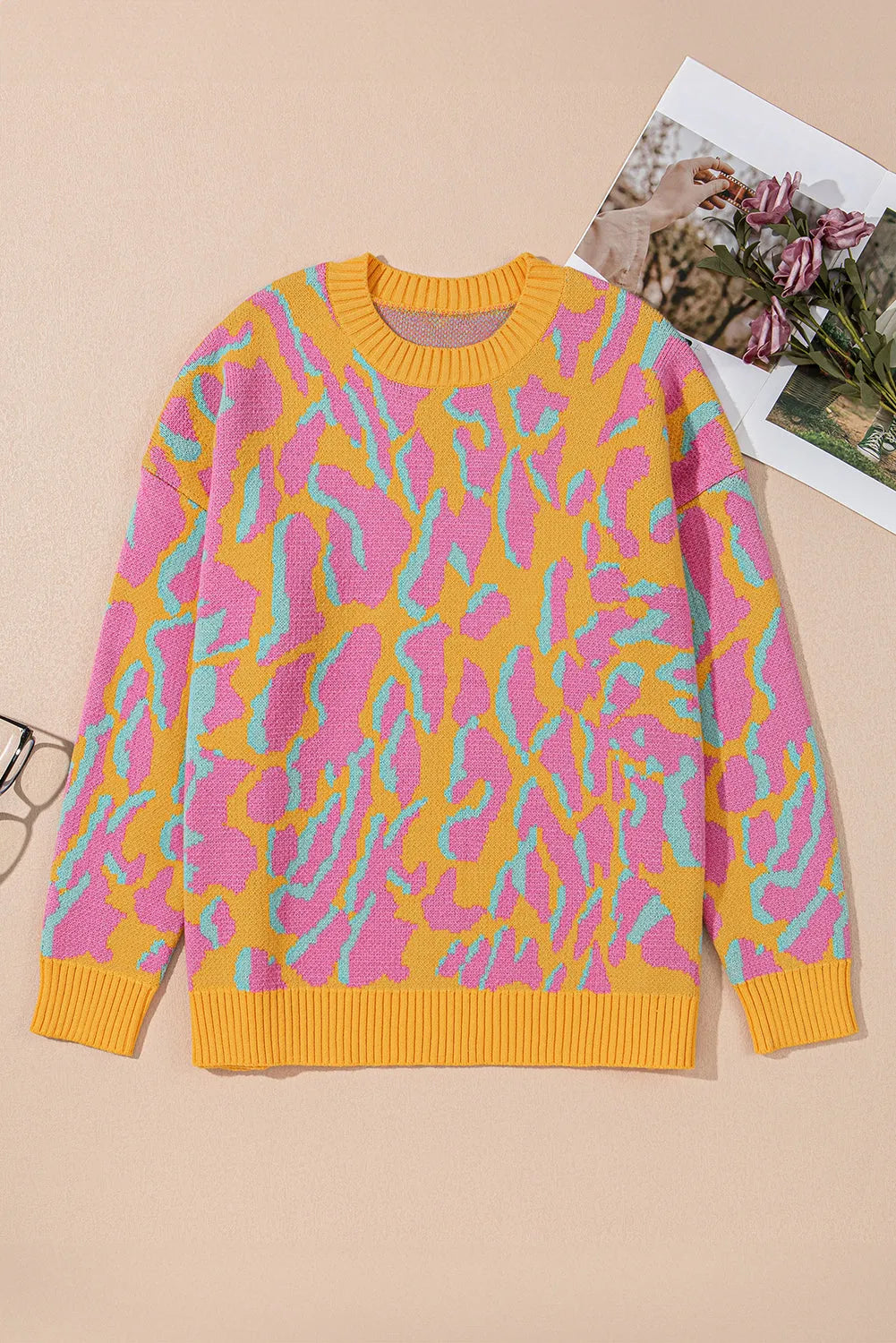 Bright Pink Plus Size Leopard Ribbed Trim Sweater - Chic Meadow Boutique