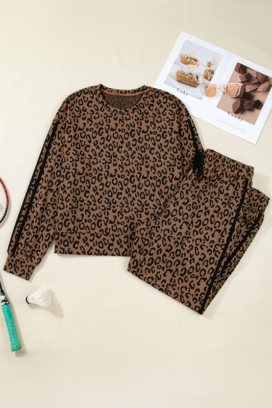 Brown Varsity Striped Trim Leopard Long Sleeve Top Drawstring Pant Set
