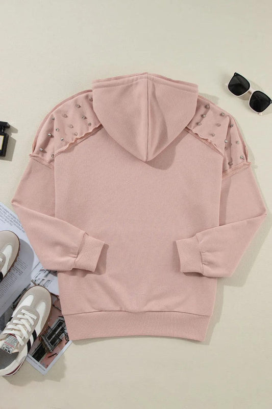 Tops/Sweatshirts & Hoodies Fushia Solid Color Rivet Stud Raglan Sleeve Hoodie with Pocket