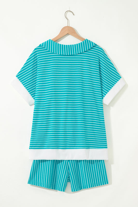 Sky Blue Stripe V Neck Tee and Casual Short Set