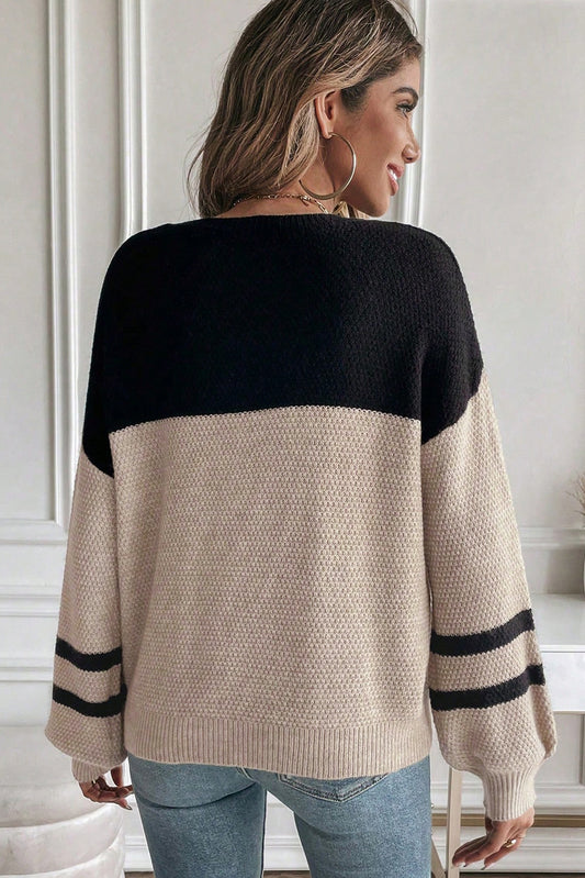 Parchment Color Block Knit Striped Sleeve Detail Casual Sweater