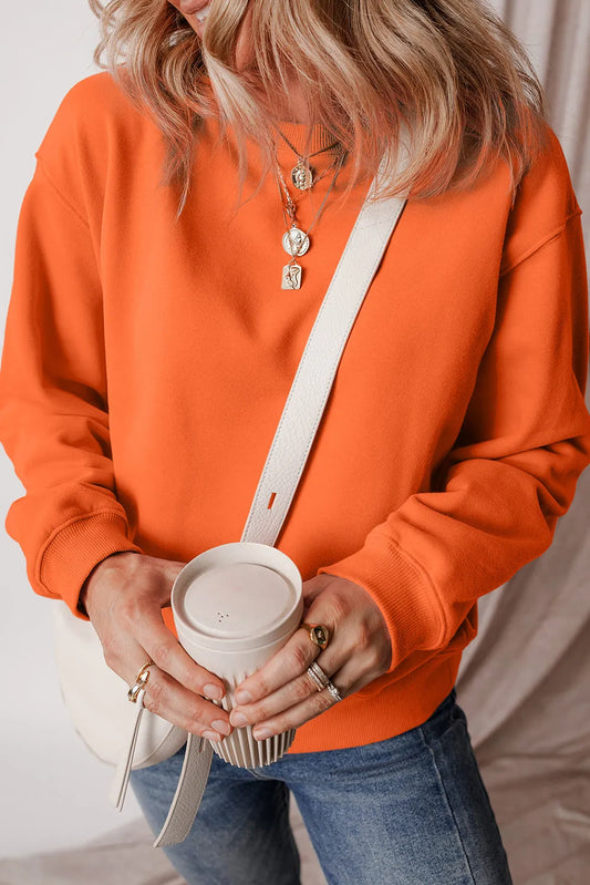 Russet Orange Solid Fleece Lined Drop Shoulder Terry Sweatshirt - Chic Meadow Boutique