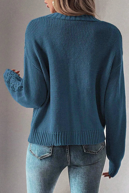 Real Teal Open Knit V Neck Button Front Drop Shoulder Plus Size Cardigan - Chic Meadow Boutique