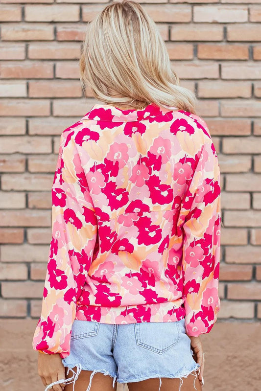 Tops/Blouses & Shirts Pink Blooming Floral Print Puff Sleeve Buttoned Shirt