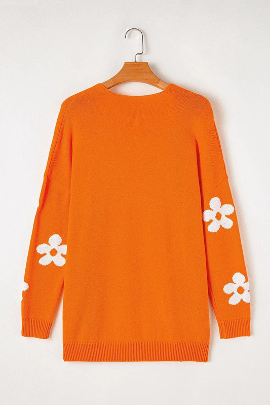 Sweaters & Cardigans/Cardigans Orange Floral Print Knitted Open Front Loose Cardigan