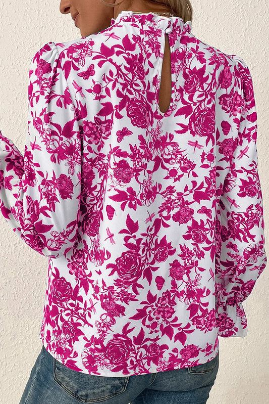 Rose Floral Print Flounce Sleeve Keyhole Back Blouse - Chic Meadow Boutique