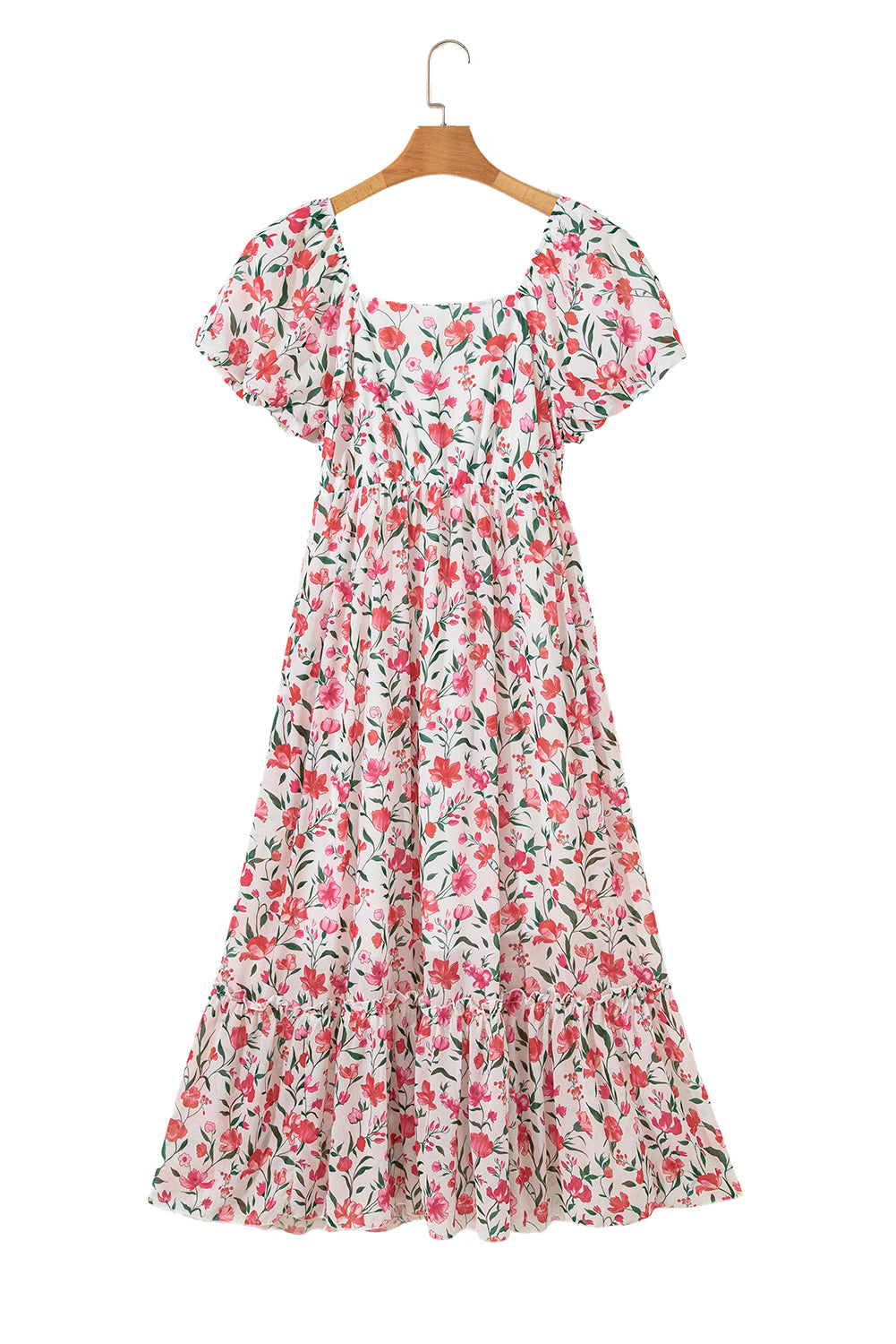 Pink Floral Puff Sleeve Square Neck Empire Waist Tiered Maxi Dress