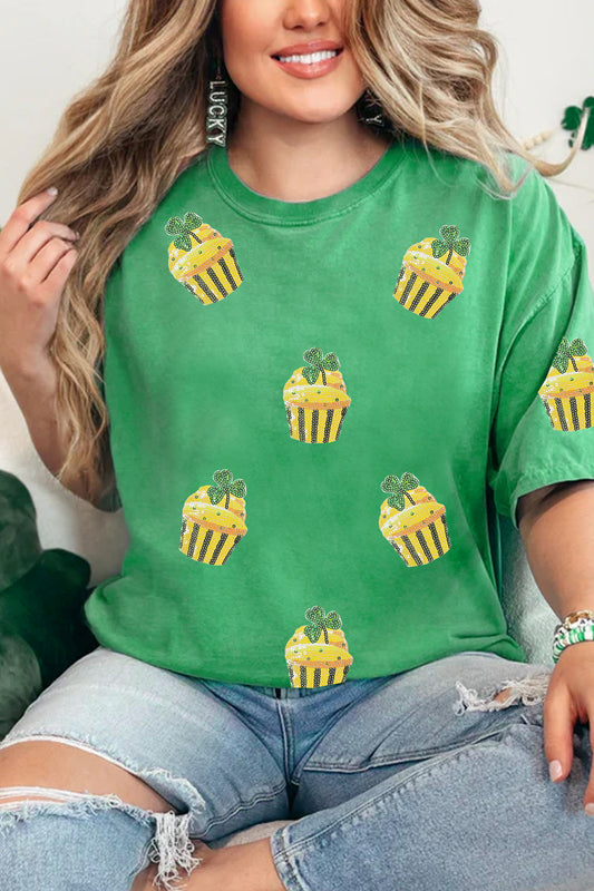 Bright Green St Patricks Day Sequin Cupcake Graphic T Shirt