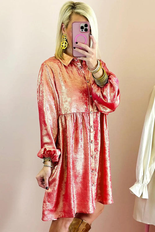 Dresses/Mini Dresses Peach Blossom Metallic Sheen Puff Sleeve Button Up Mini Shirt Dress