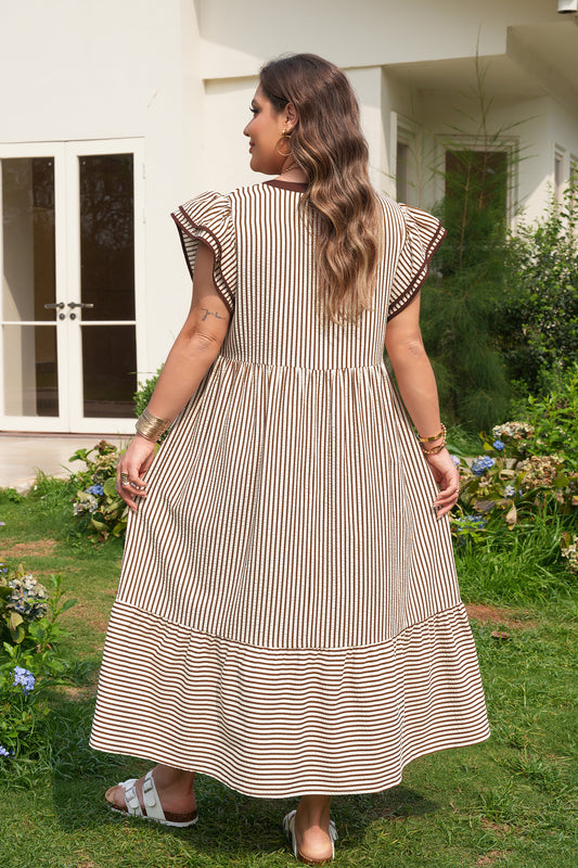 Brown Stripe Plus Size Slit V Neck Tiered Flutter Sleeve Maxi Dress