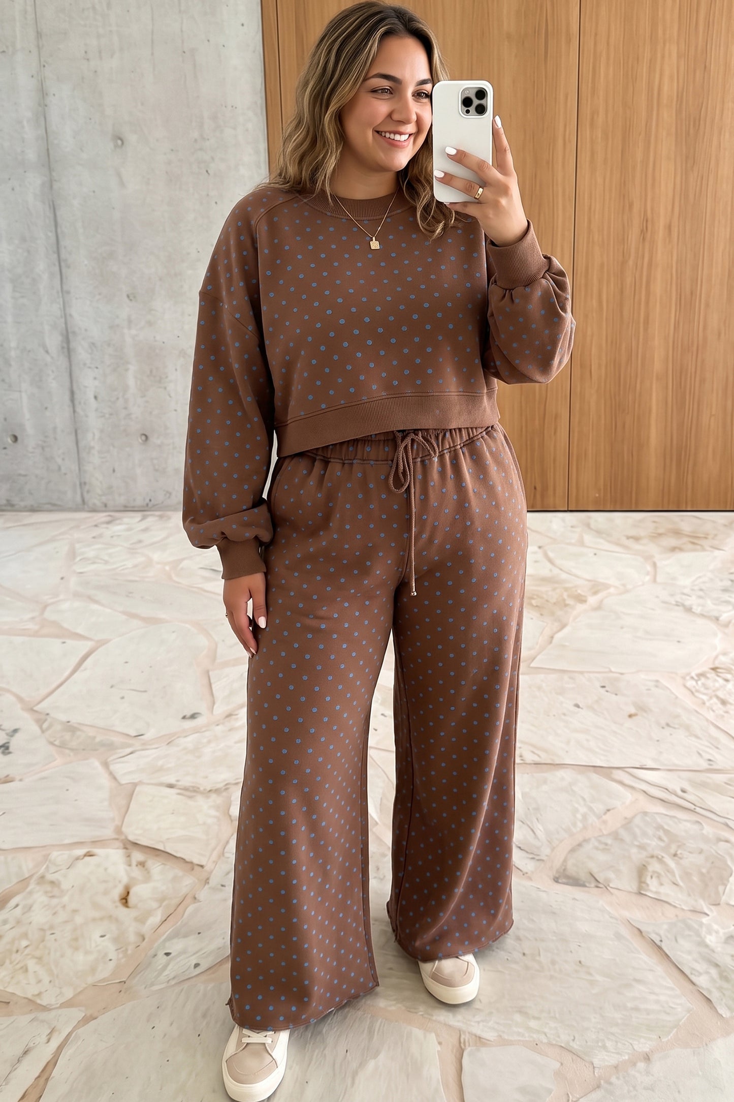 Brown Polka Dot Round Neck Long Sleeve Plus Size Set