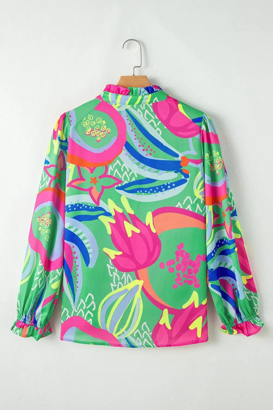 Tops/Blouses & Shirts Green Abstract Print Ruffled Sleeve Buttoned V Neck Blouse