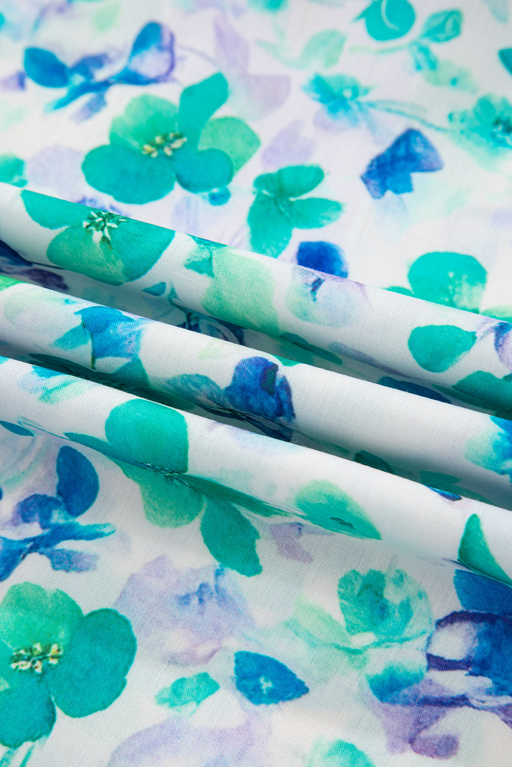 Green Floral Print Striped Trim Split V Neck Puff Short Sleeve Blouse