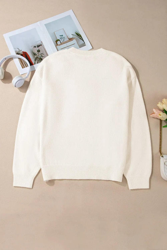 Plus Size/Plus Size Sweaters & Cardigans White Plus Size Flower Crochet Drop Shoulder Knit Sweater