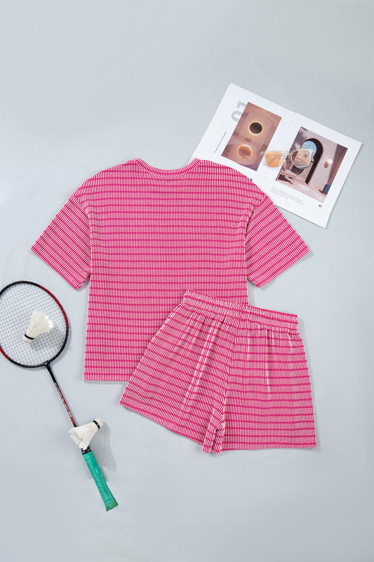 Rose Stripe Raised Rib Loose Tee Drawstring Elastic Waist 2pcs Short Set