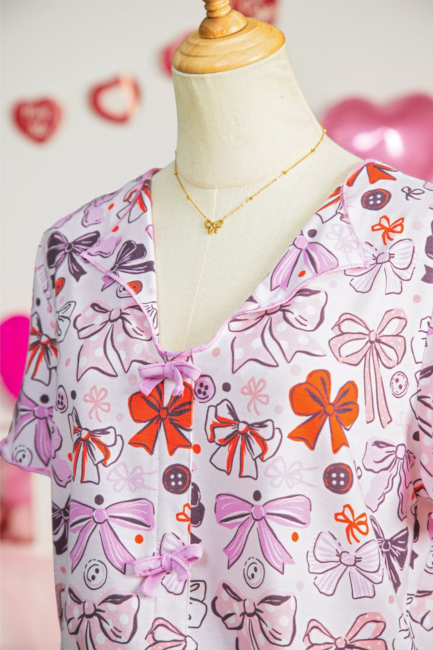 Pink Diverse Bows Buttons Printed Contrast Trim Short Sleeve Shirt Pajama Pant Set