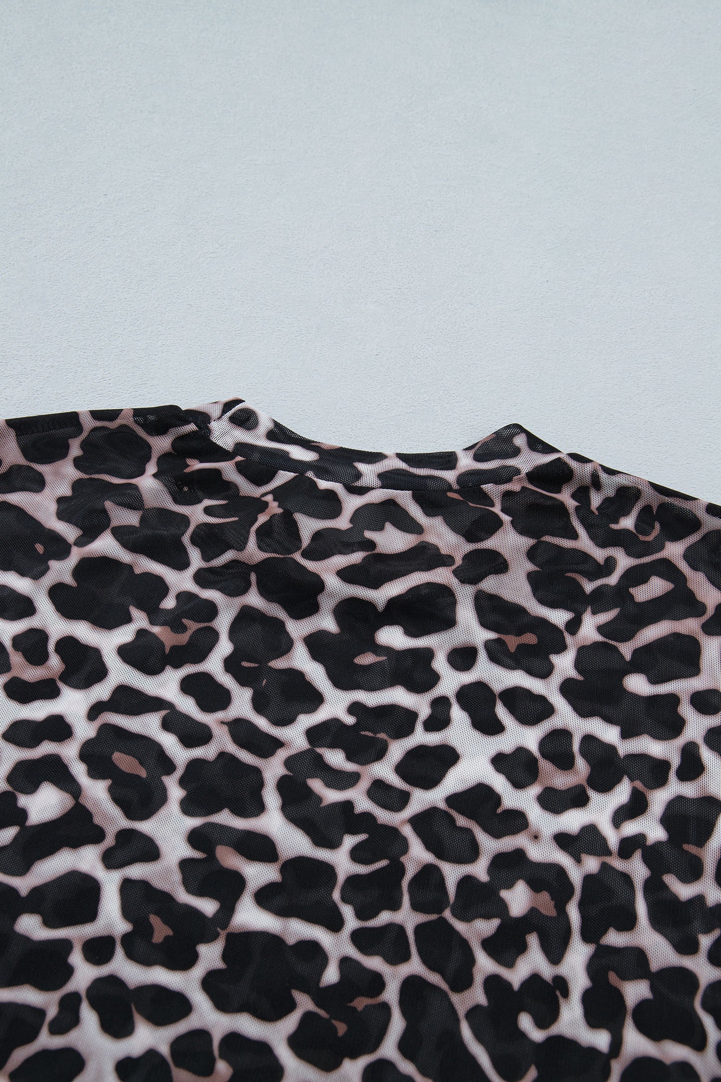 Khaki Leopard Print Sheer Mesh Short Sleeve Top