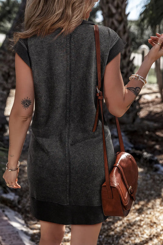 Black Quarter Zip Pocketed Cap Sleeve Sweatshirt Dress - Chic Meadow Boutique