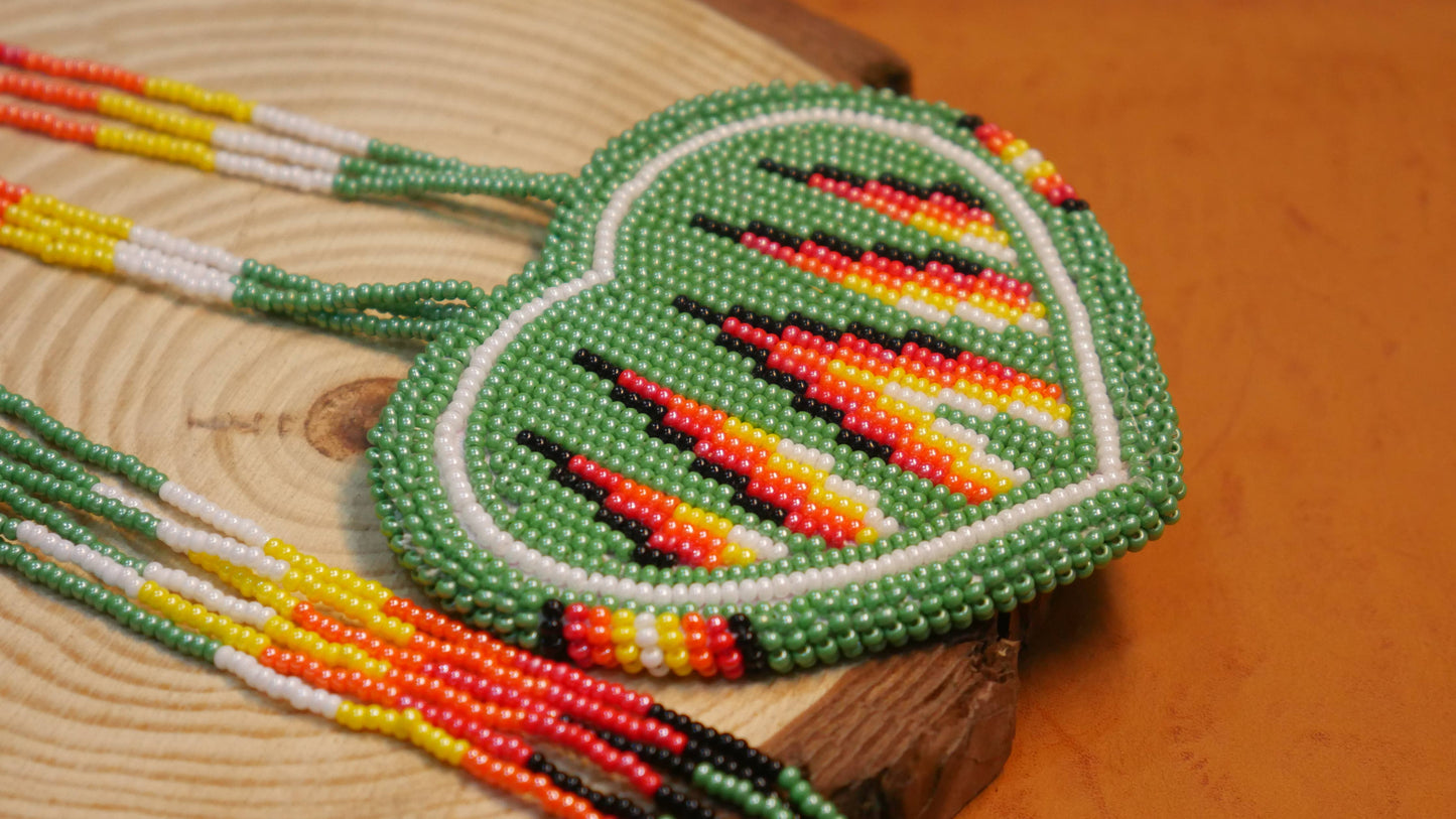 Native American Beaded Green heart medallions Necklace