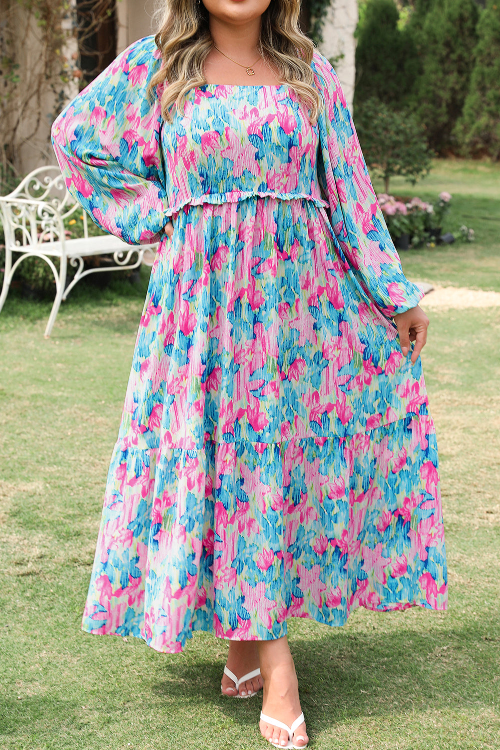 Sky Blue Floral Allover Print Shirred Square Neck Plus Size Maxi Dress