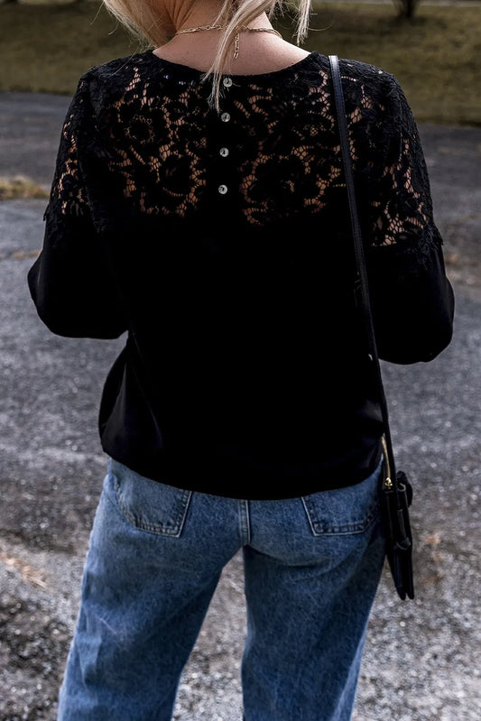 Black Lace Crochet Patchwork O Neck Long Sleeve Top - Chic Meadow Boutique