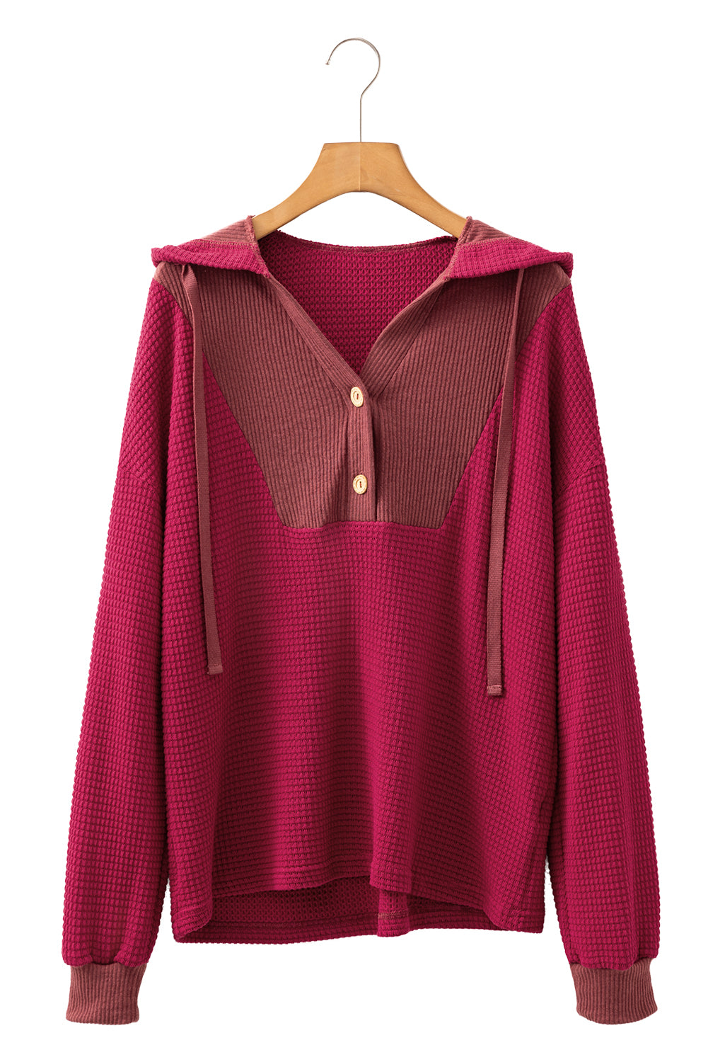 Racing Red Waffle Patchwork Drop Shoulder Hooded Long Sleeve Top