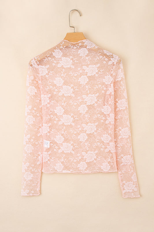 Apricot Pink Sheer Floral Lace Mesh Mock Neck Long Sleeve Top