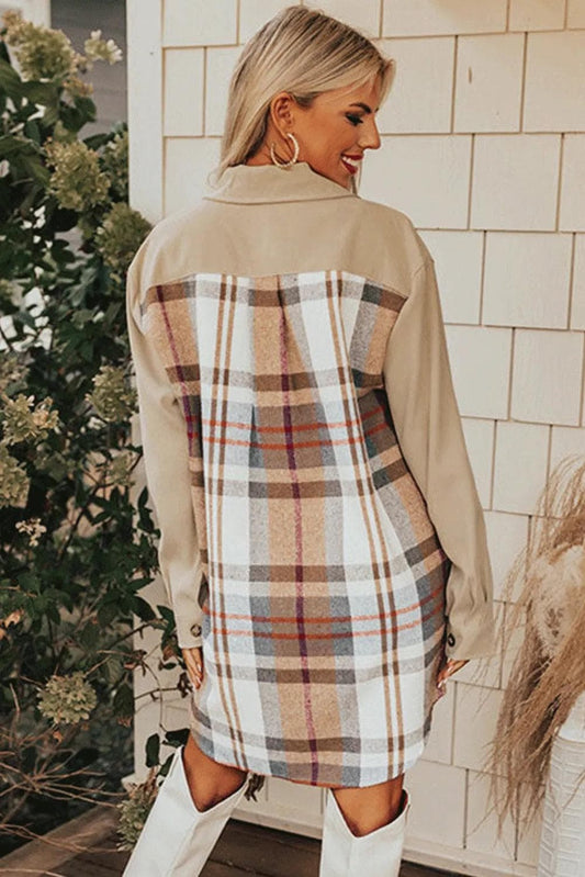 Dresses/Mini Dresses Khaki Plaid Patchwork Long Sleeve Shirt Mini Dress