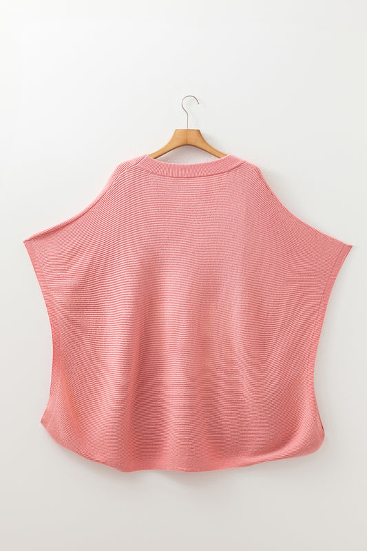 Light Pink Ribbed Knit Half Sleeve Plus Size Poncho Style Sweater