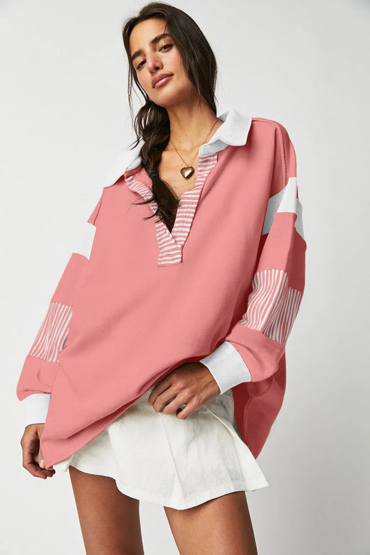 Casual Striped Colorblock Patchwork Collar Sweatshirt - Chic Meadow Boutique