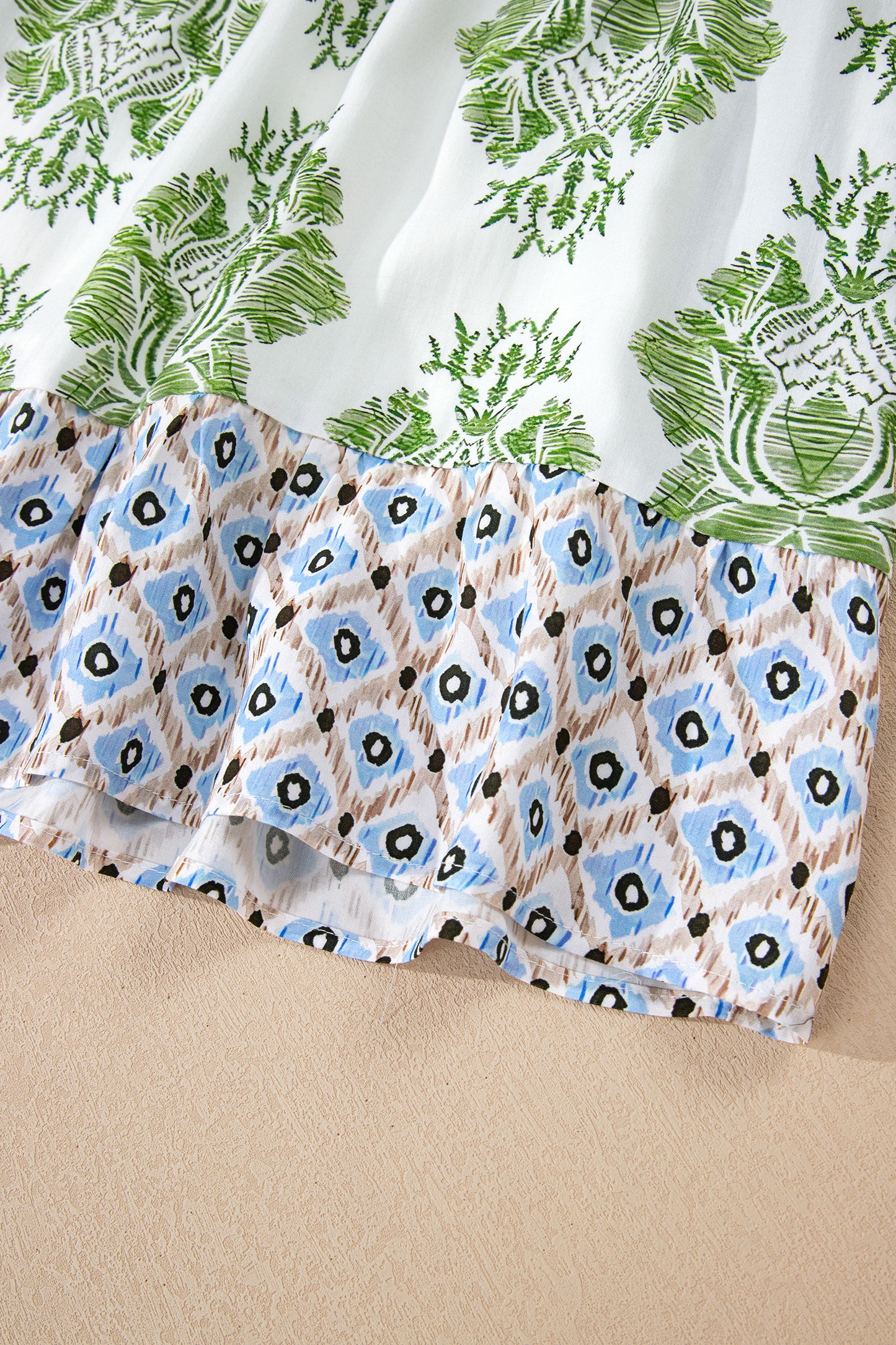 Green Floral Print Contrast Patchwork Ruffle Detail Mini Dress