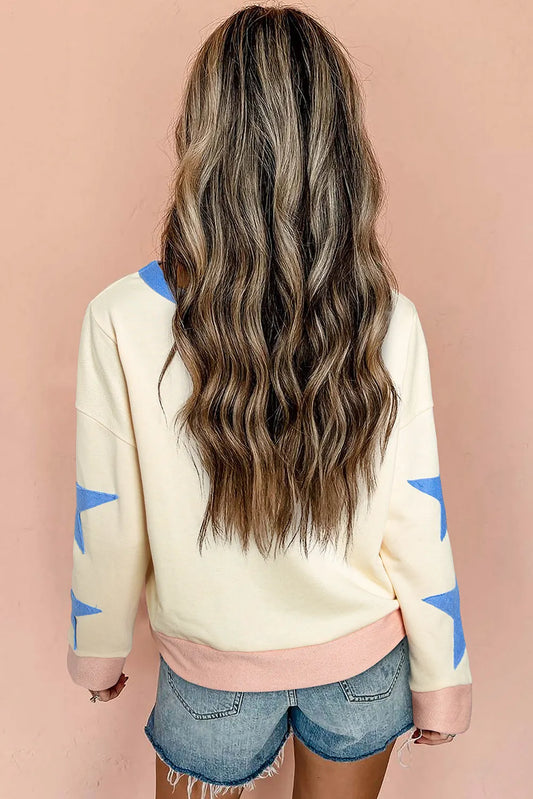 Beige Star Patchwork Exposed Seam Oversized Sweatshirt - Chic Meadow Boutique