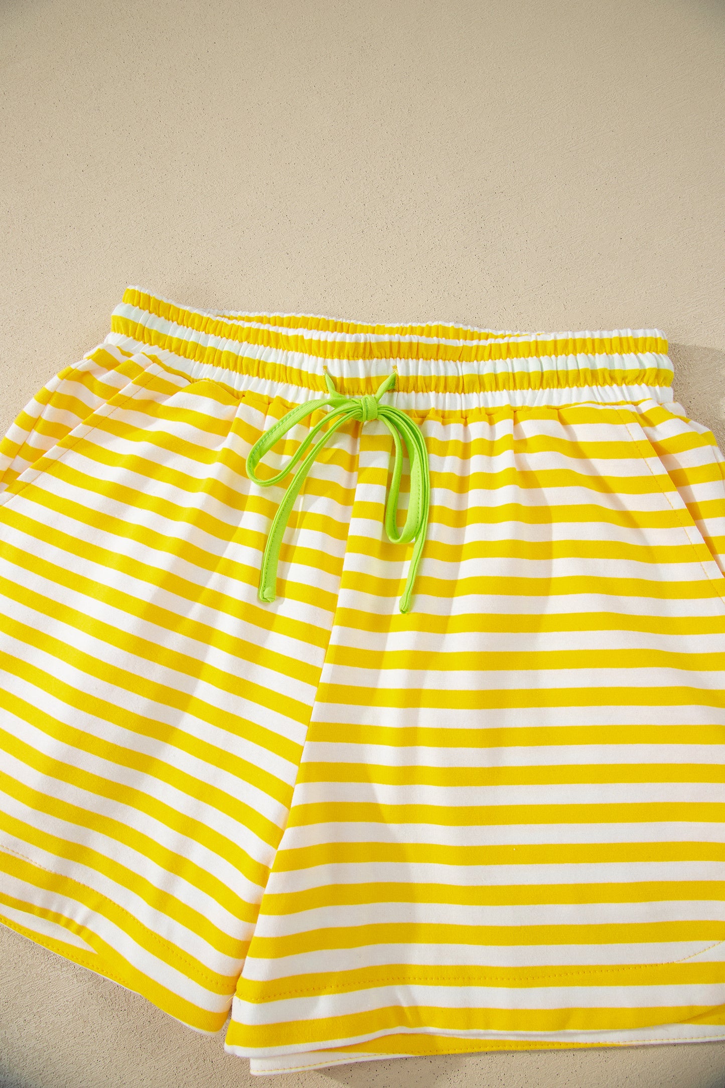 Yellow Stripe Contrast Neck Loose Tee and Drawstring Shorts Set