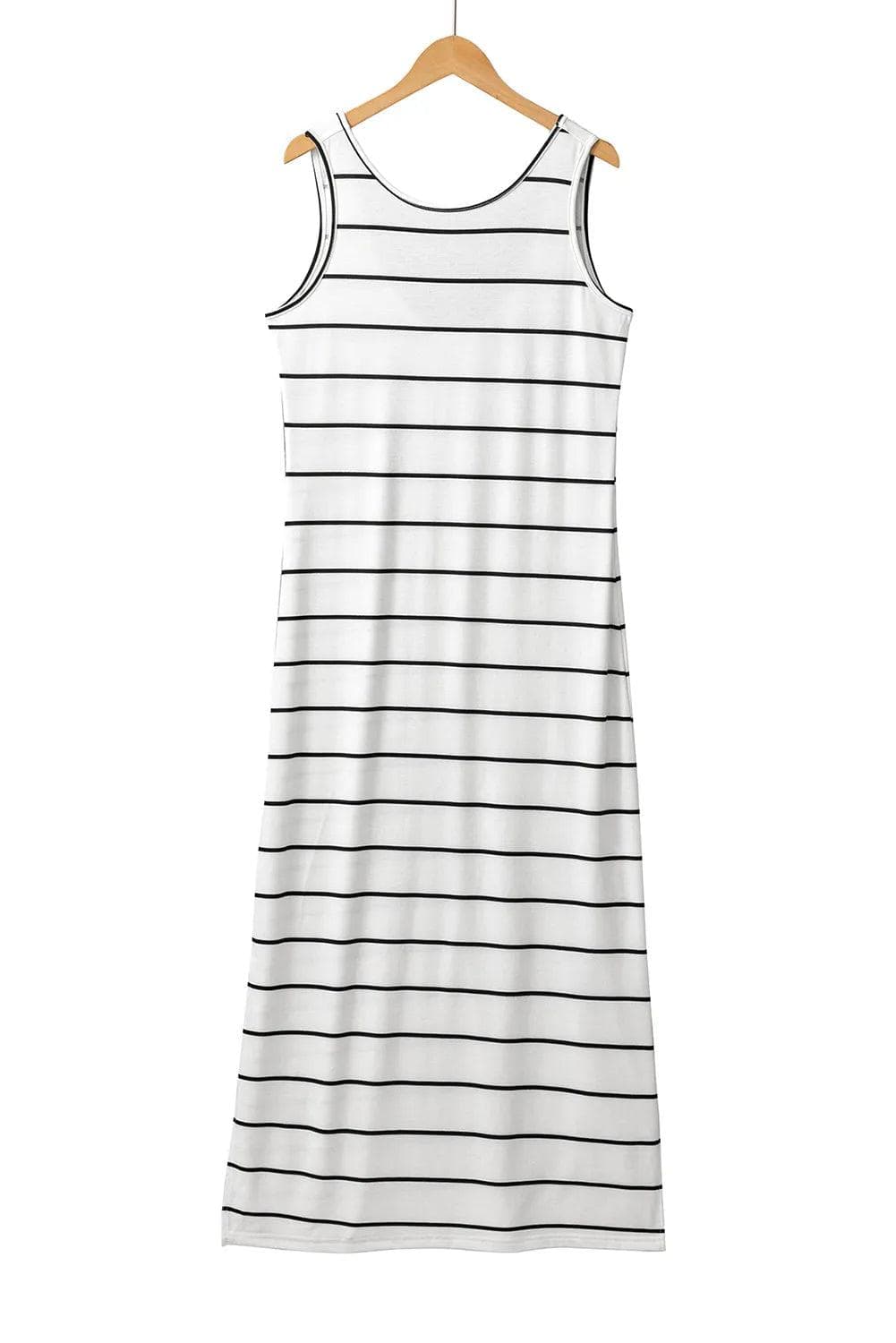 Dresses/Maxi Dresses White Stripe Print Open Back Sleeveless Maxi Dress with Slits