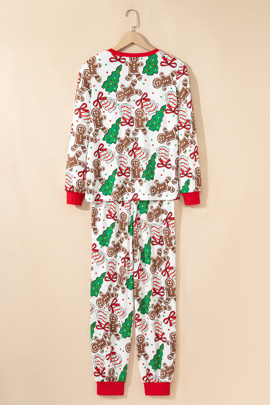 White Christmas Pattern Button V Neck Pullover Drawstring Pants 2pcs Lounge Set